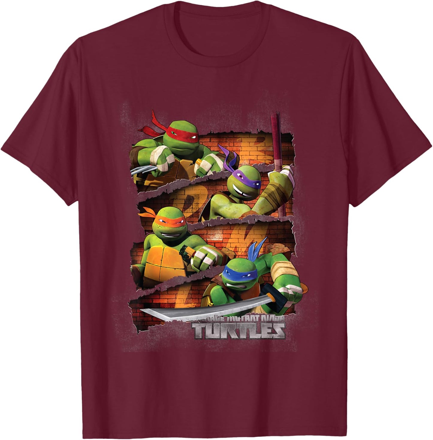 TMNT 4 Turtle Slice With Weapon T-Shirt - T-Shirt | Maroon
