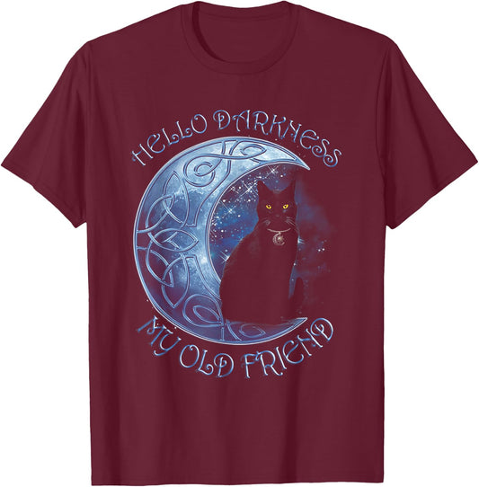 Hello Darkness My Old Friend Funny Cat Moon T-Shirt - T-Shirt | Maroon