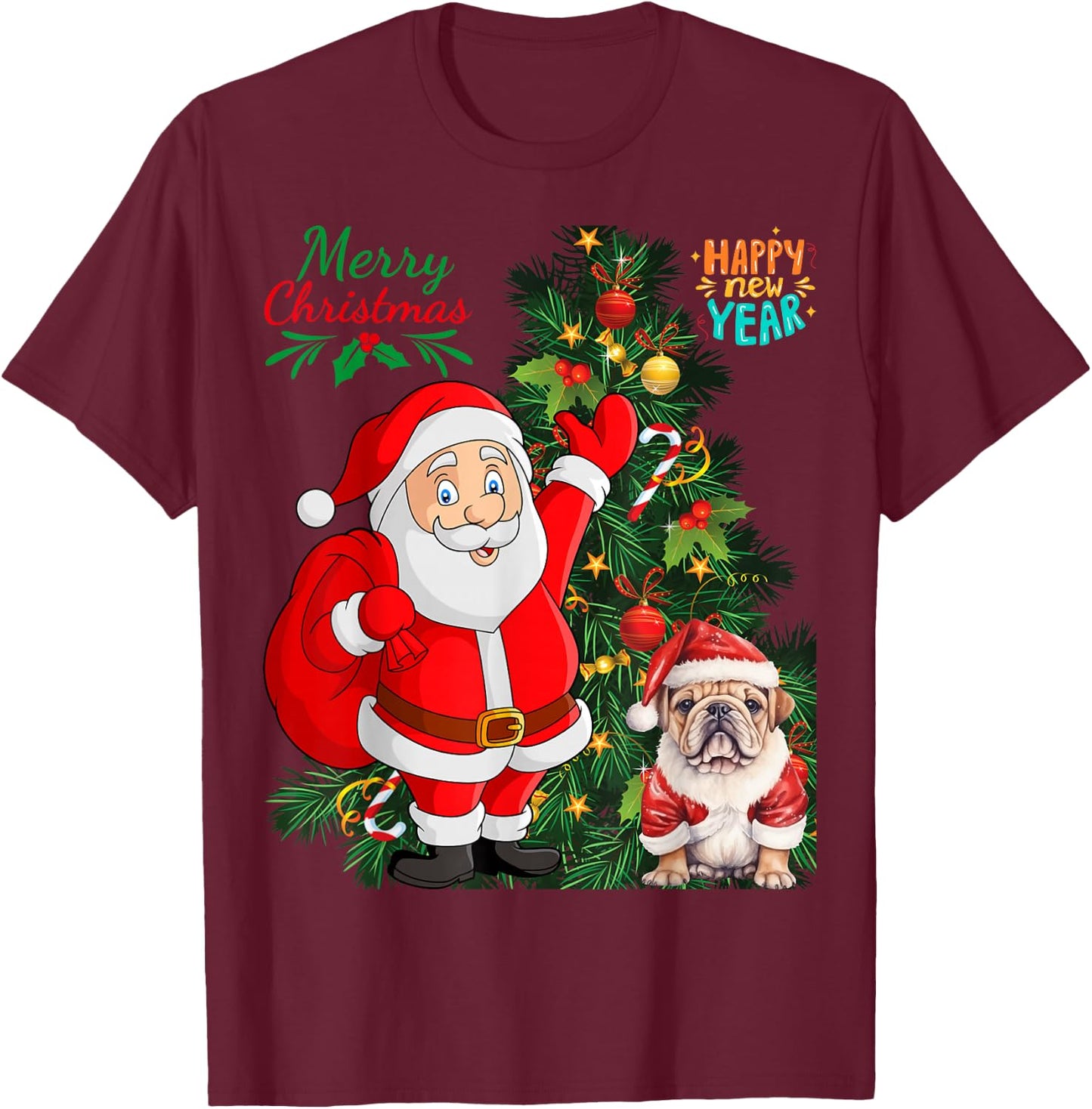 Merry Christmas Happy New Year Santa Claus English Bulldog T-Shirt - T-Shirt | Maroon