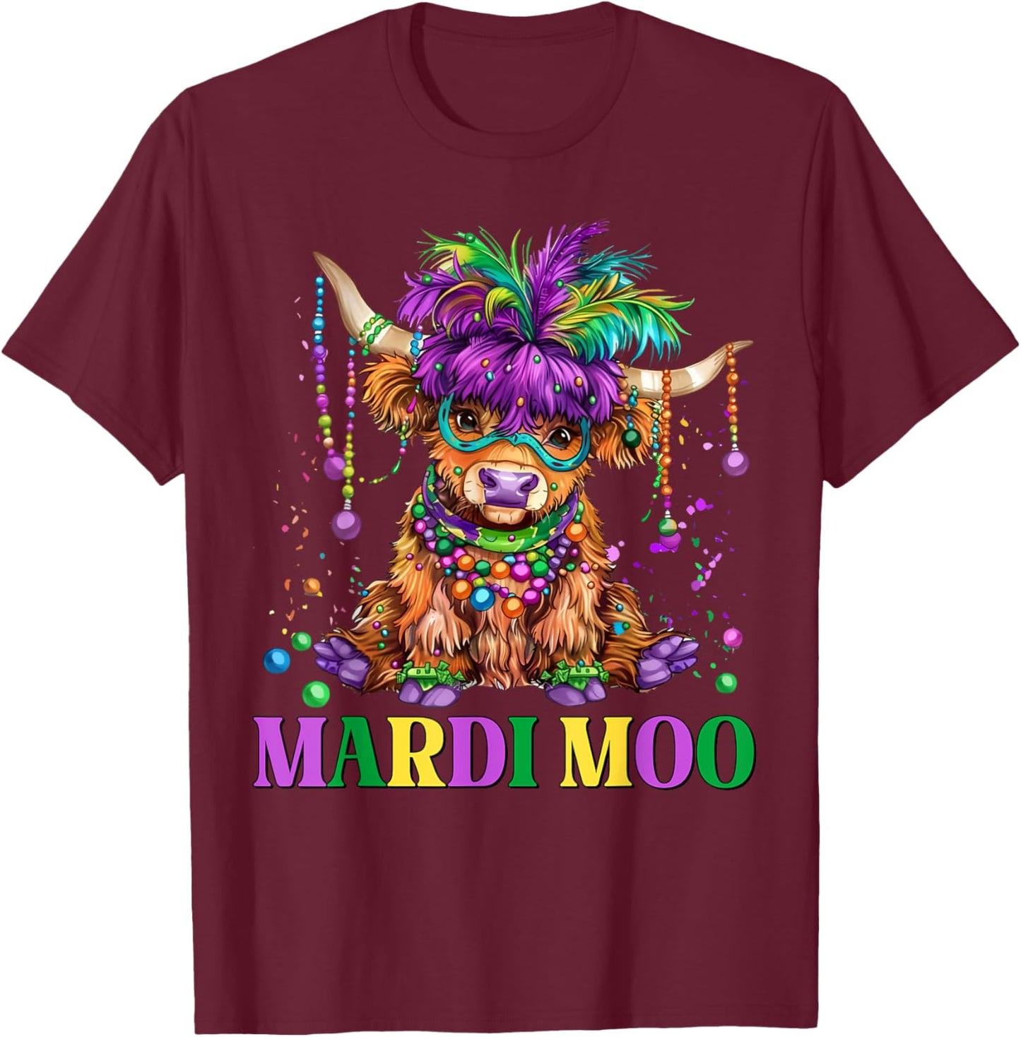 Retro Highland Cow Mardi Moo Mask Beads Mardi Gras Funny Cow T-Shirt - T-Shirt | Maroon