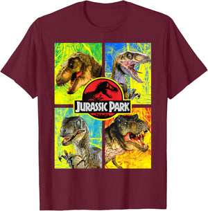 Jurassic Park Four Different Dinosaur Faces Graphic T-Shirt - T-Shirt | Maroon