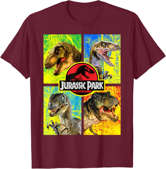 Jurassic Park Four Different Dinosaur Faces Graphic T-Shirt - T-Shirt | Maroon