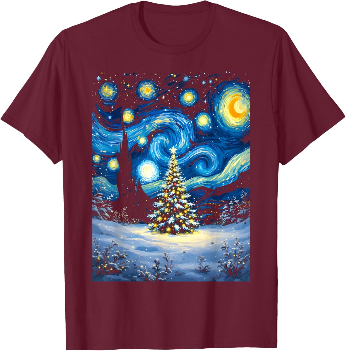 Christmas Tree Starry Night Van Gogh Winter Wonderland T-Shirt - T-Shirt | Maroon