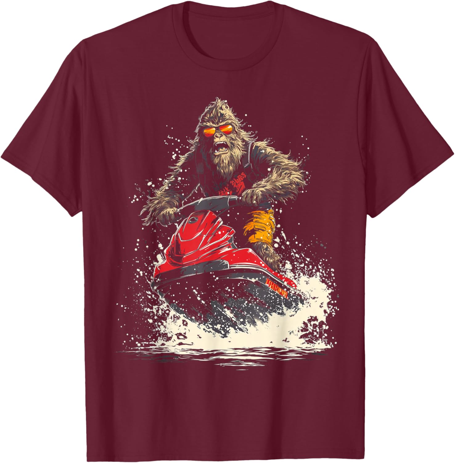 Bigfoot Riding Jet Ski Funny Jetski T-Shirt - T-Shirt | Maroon