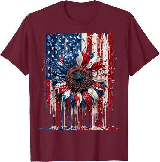 Drip Patrioctic Sunflower American Flag 4th of July T-Shirt - T-Shirt | Maroon