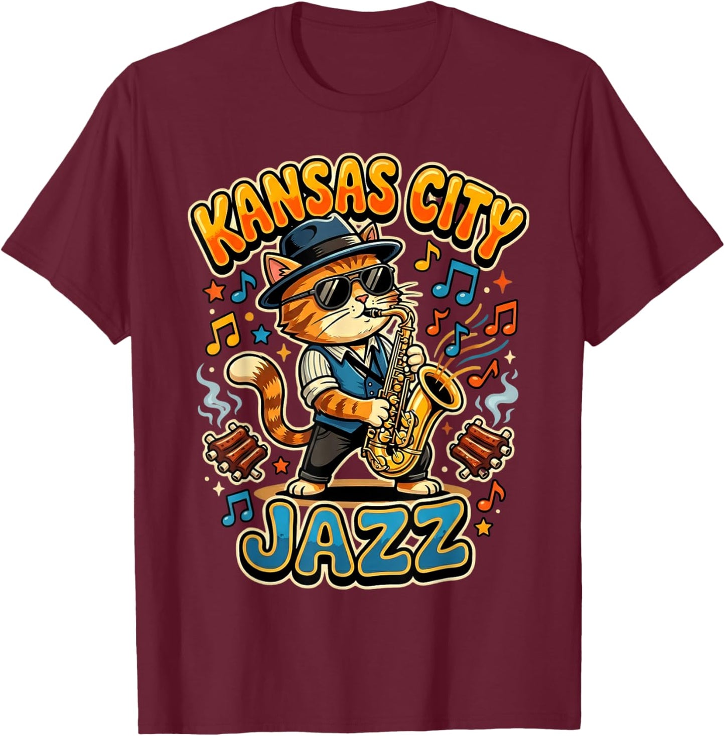 Kansas City Jazz Saxophone Cat Playing BBQ Ribs T-Shirt - T-Shirt | Maroon