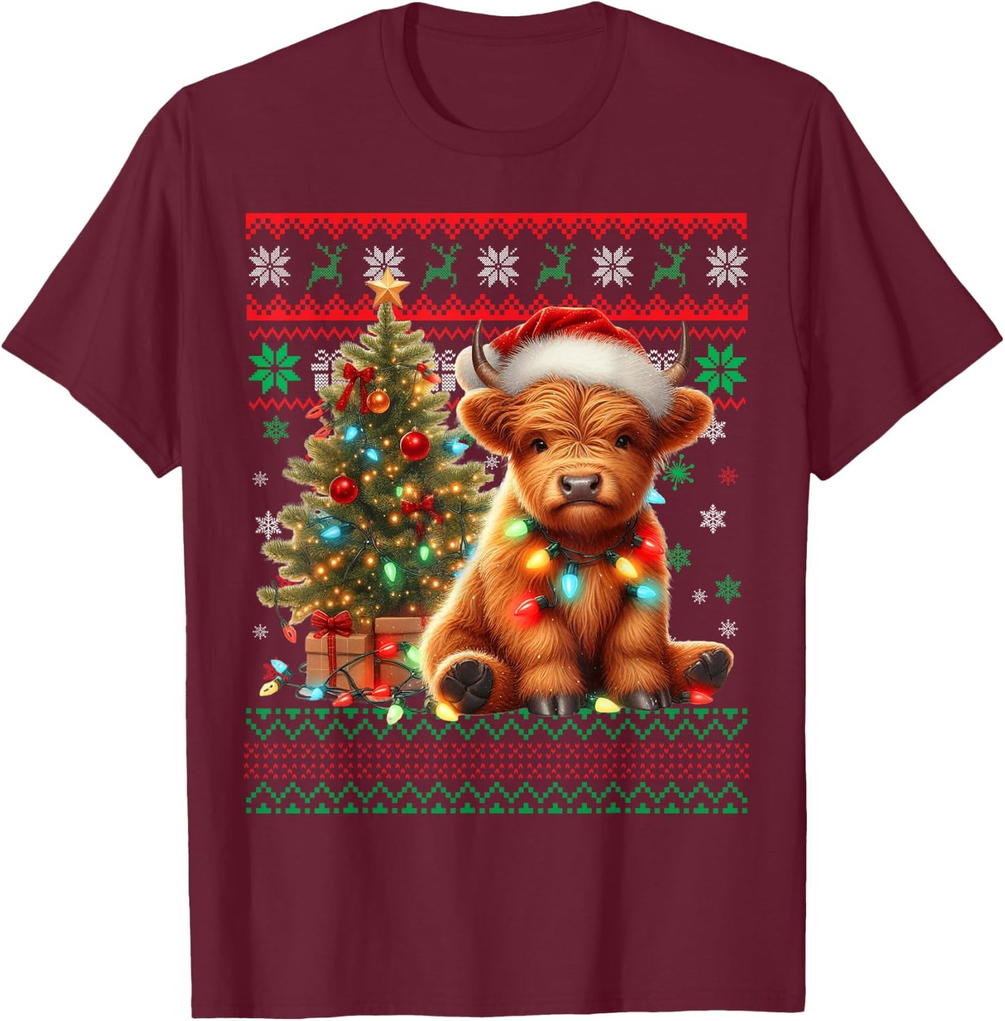 Scottish Highland Cow Christmas Funny Cow Lover Xmas T-Shirt - T-Shirt | Maroon