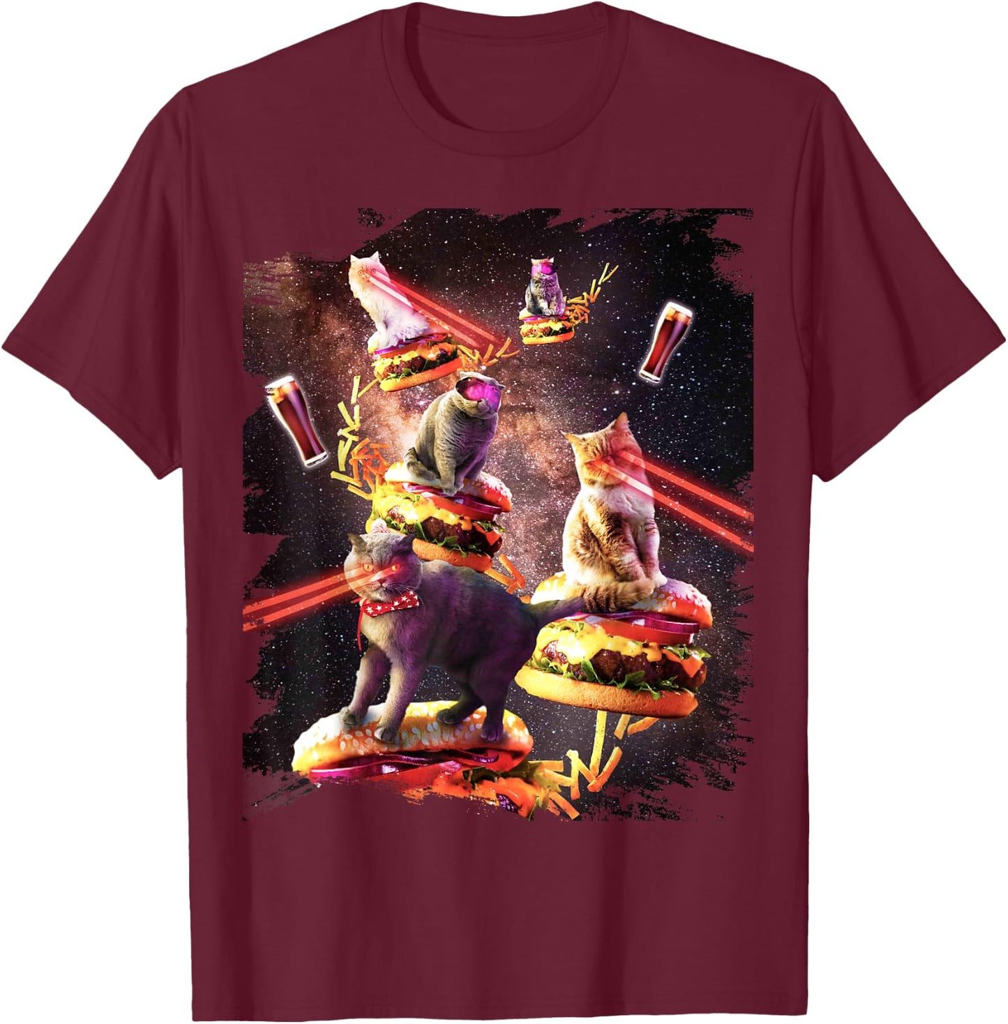 Galaxy Laser Cat On Burger - Space Cheeseburger Cats T-Shirt - T-Shirt | Maroon
