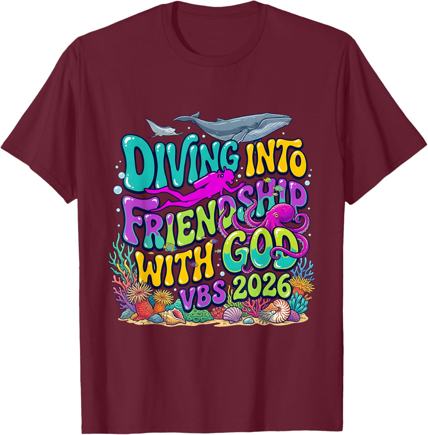 Vintage Diving Into Friendship with God VBS 2026 Scuba Kid T-Shirt - T-Shirt | Maroon
