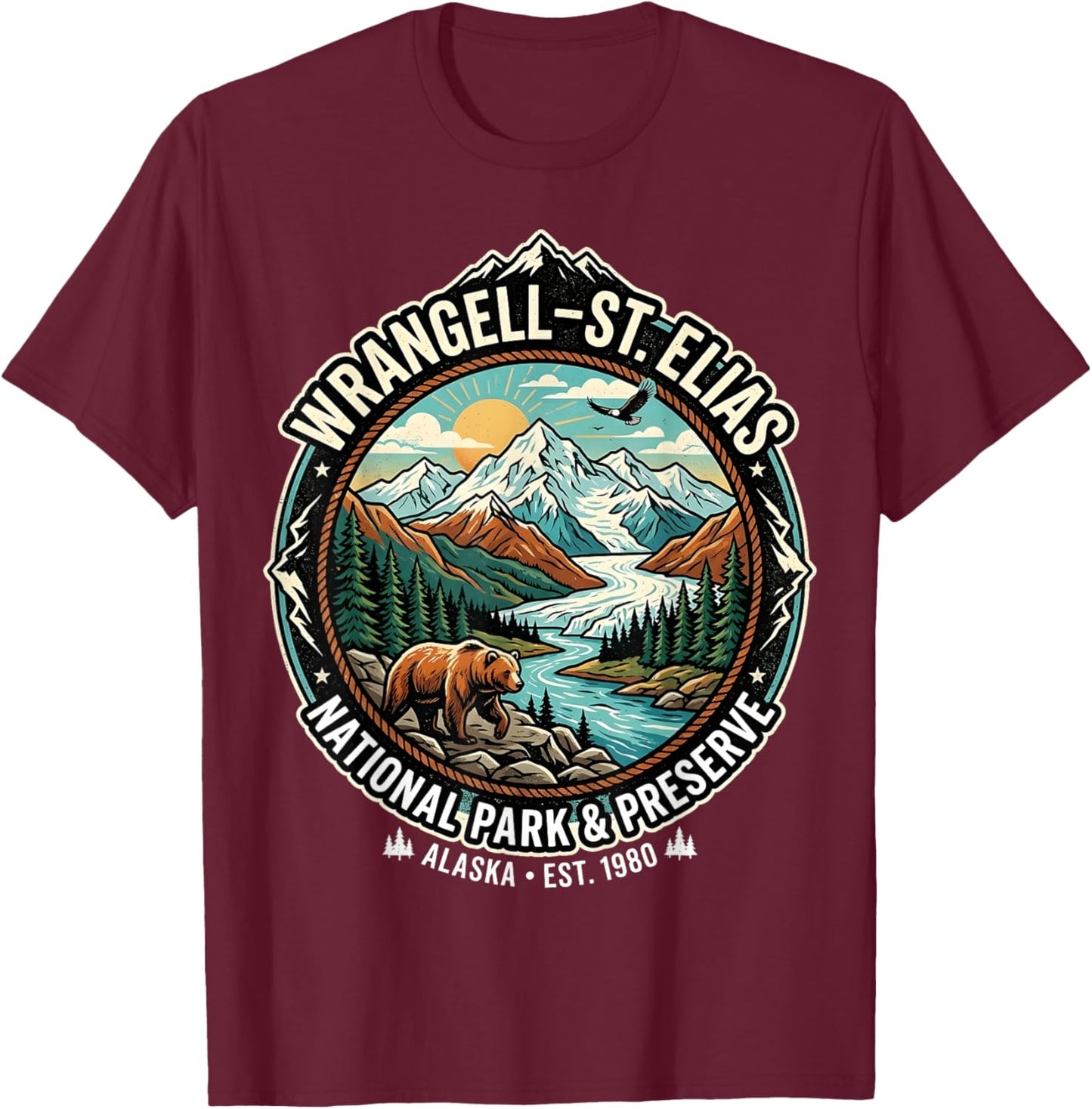 Wrangell-St Elias National Park Alaska Retro Grizzly Emblem T-Shirt - T-Shirt | Maroon