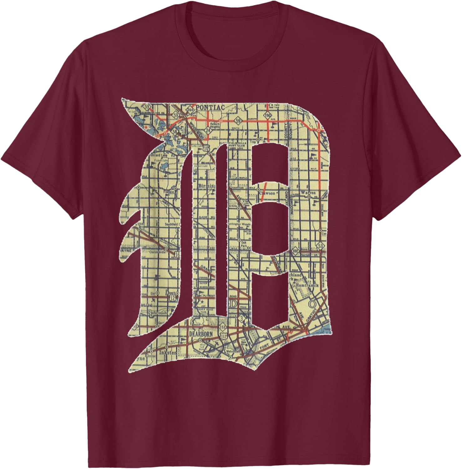 Detroit City Map Old English D T-Shirt - T-Shirt | Maroon