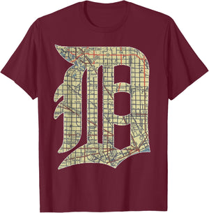 Detroit City Map Old English D T-Shirt - T-Shirt | Maroon