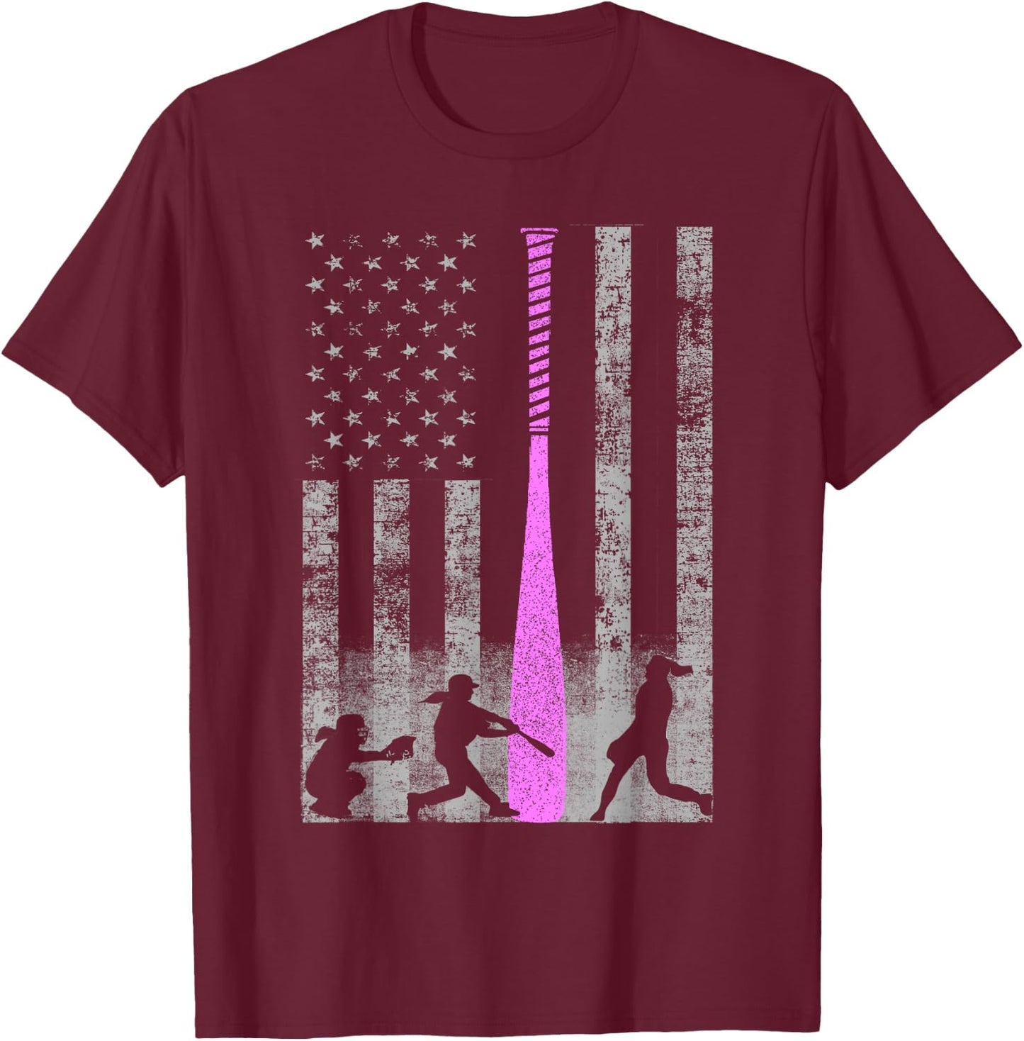 American Softball Flag - Players and Pink Bat T-Shirt - T-Shirt | Maroon