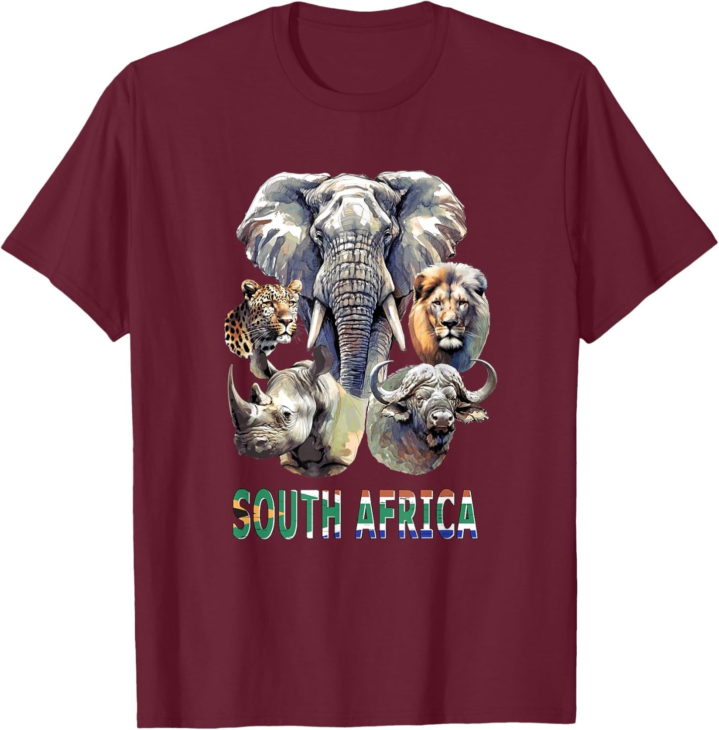 South Africa Big-Five Wildlife Watercolor for Safari Fans T-Shirt - T-Shirt | Maroon