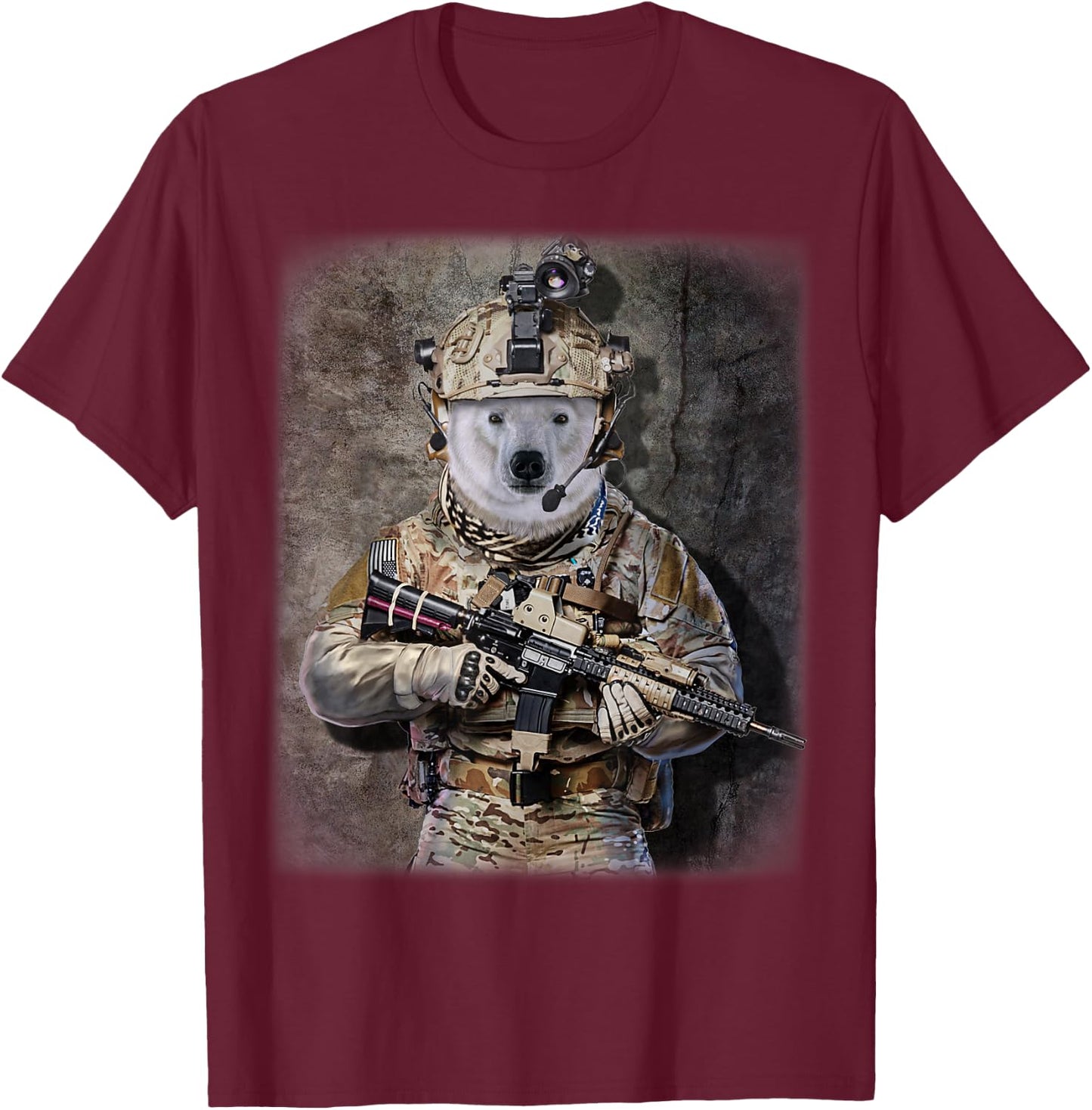 Polar Bear as Army Commando in Full Tactical Gear T-Shirt - T-Shirt | Maroon