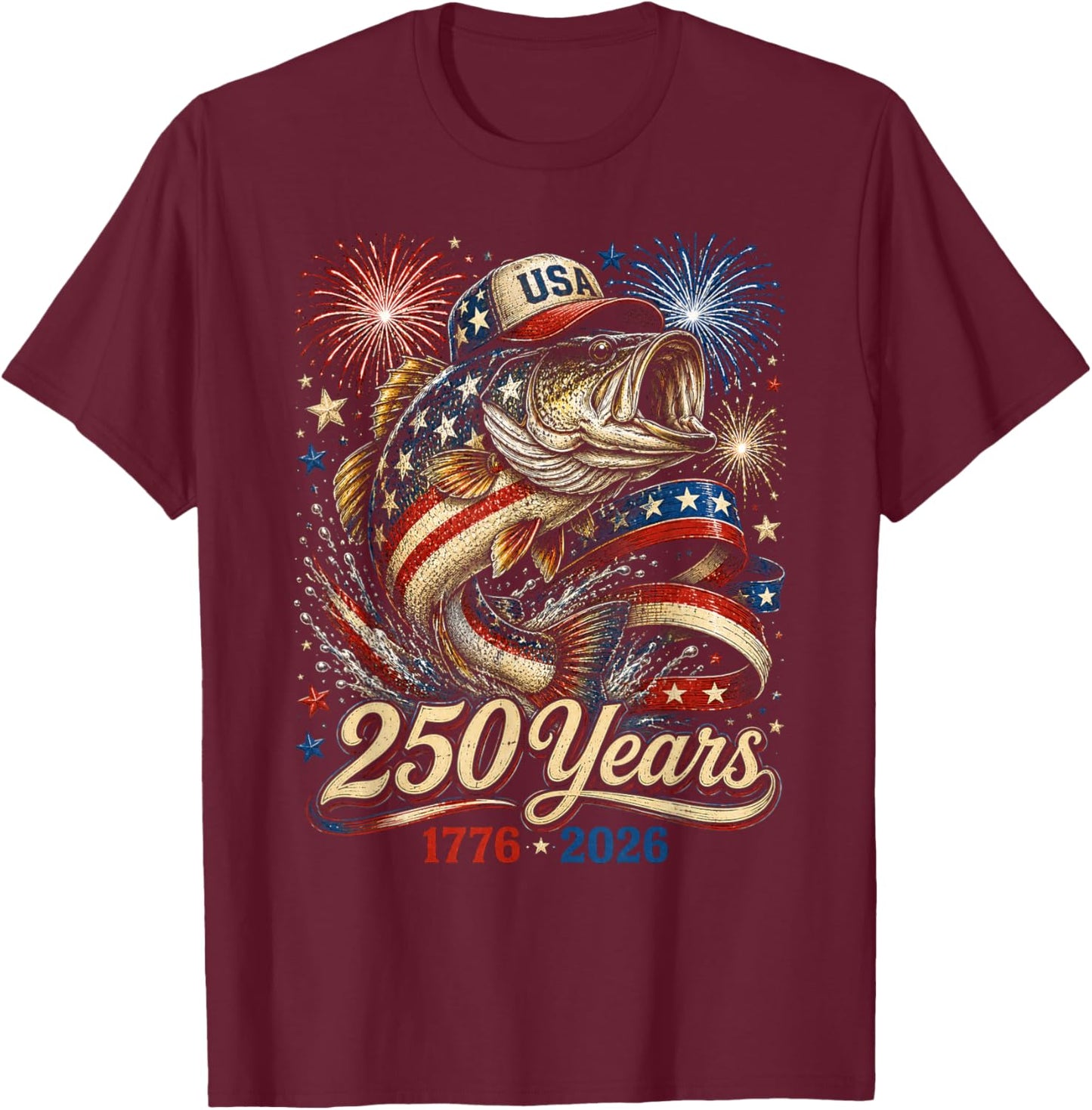 250 America 1776 2026 Bass Fishing USA Flag 250th Birthday T-Shirt - T-Shirt | Maroon