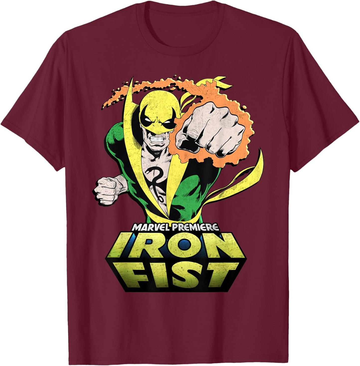 Marvel Comics Retro Classic Iron Fist Flaming Punch T-Shirt - T-Shirt | Maroon