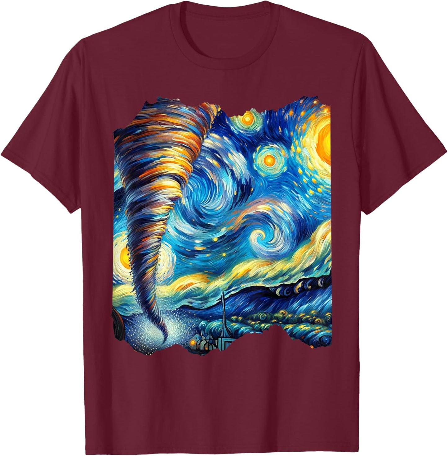 Tornado Van Gogh Art Painting Star Sky Night Nature Weather T-Shirt - T-Shirt | Maroon