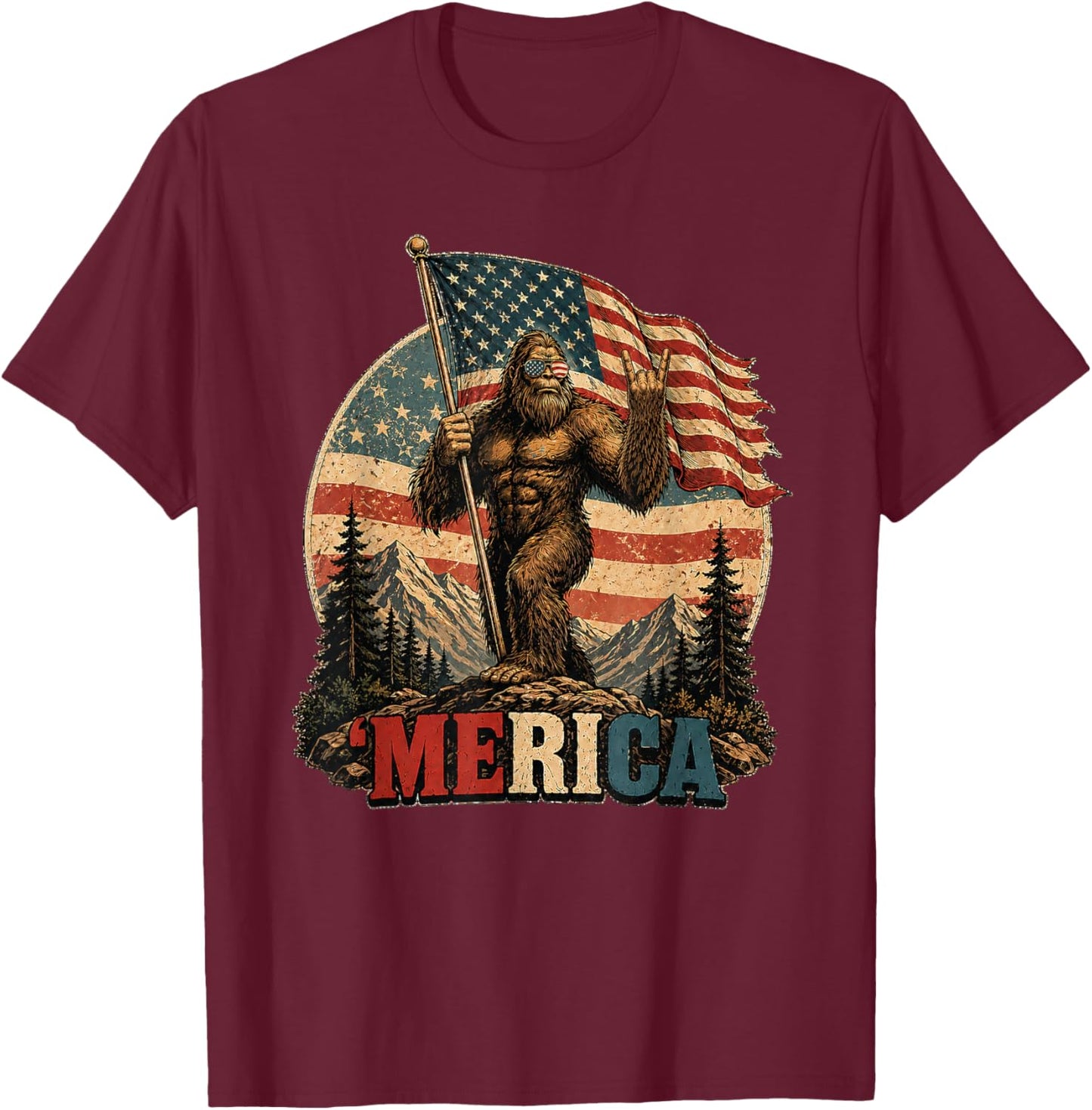 Bigfoot Merica Rock 250th American Flag Patriotic 4th July T-Shirt - T-Shirt | Maroon