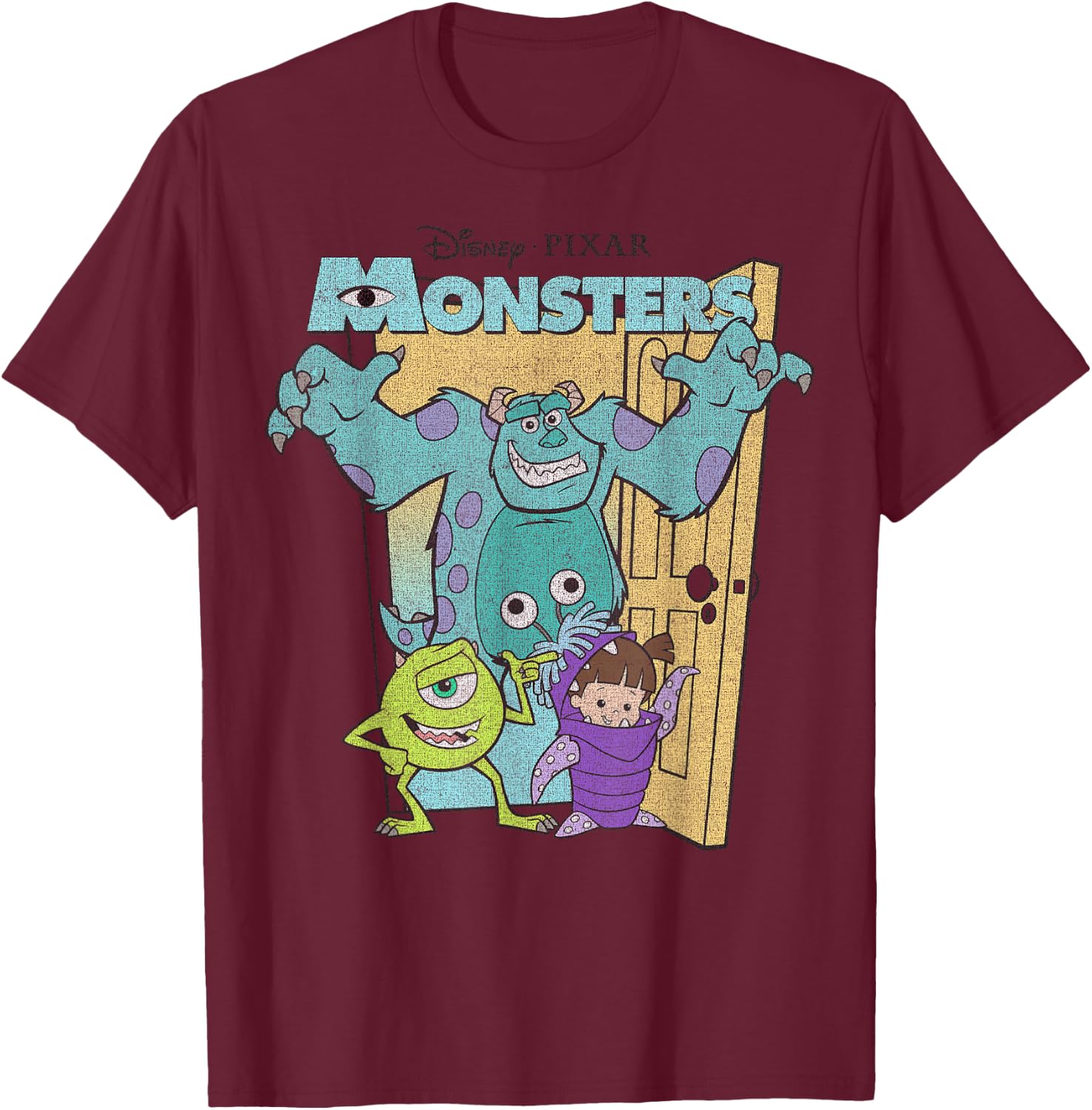 Disney Pixar Monsters Inc. Mike Sully Boo Group Poster T-Shirt - T-Shirt | Maroon