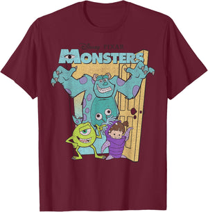 Disney Pixar Monsters Inc. Mike Sully Boo Group Poster T-Shirt - T-Shirt | Maroon