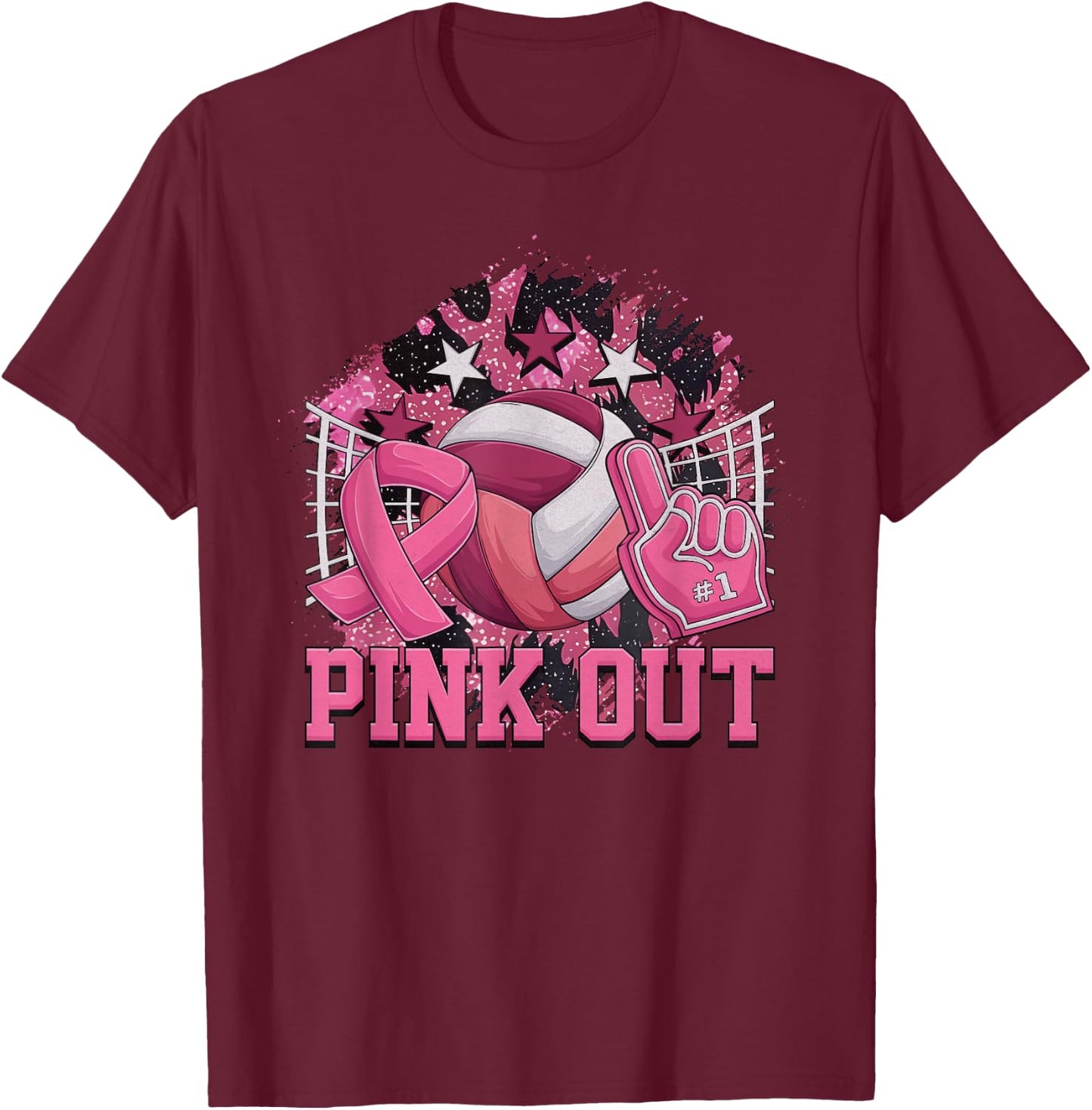Pink Out Volleyball Pink Ribbon Breast Cancer Awareness T-Shirt - T-Shirt | Maroon