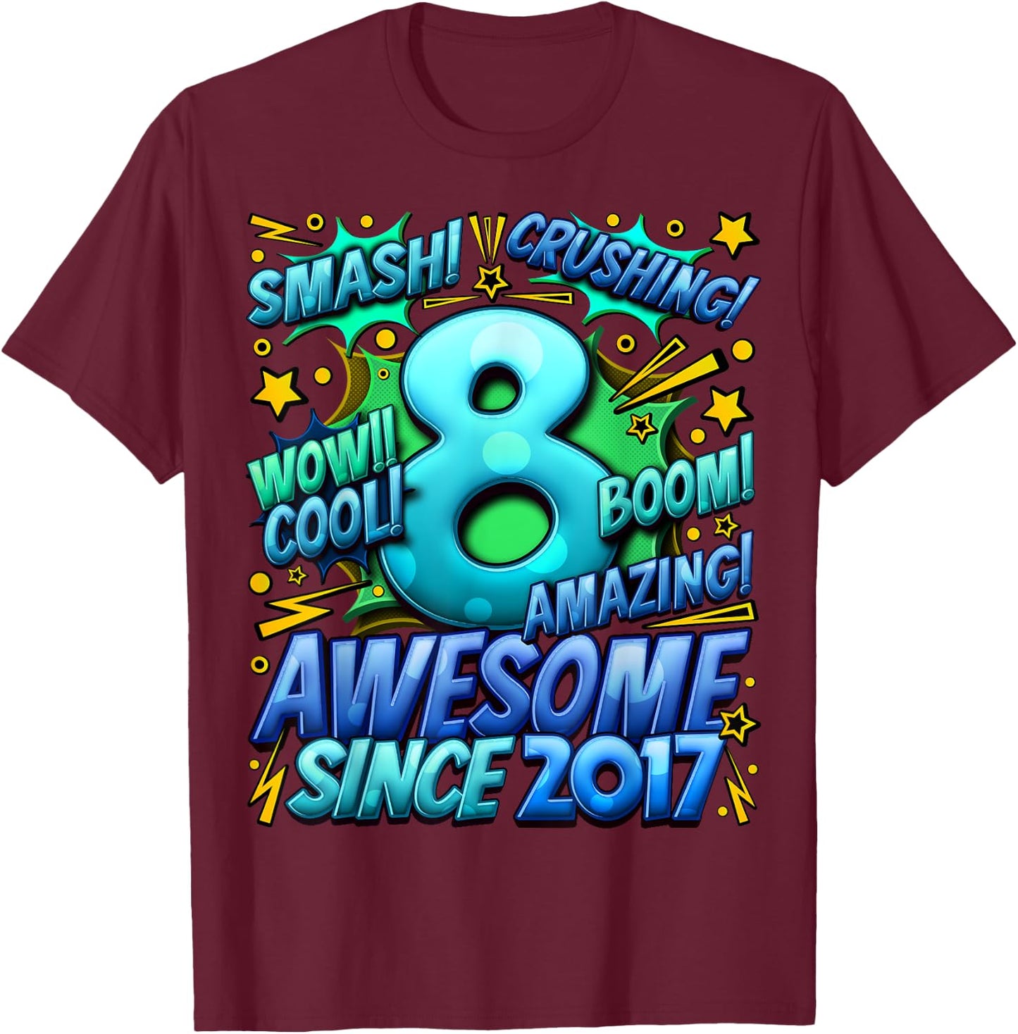New Comic Style Birthday Gifts 2025 For Boys 8th Birthday Boy -Kids Black Small Cotton 70%, Polyester 30% Short Sleeve T-Shirt - T-Shirt | Maroon