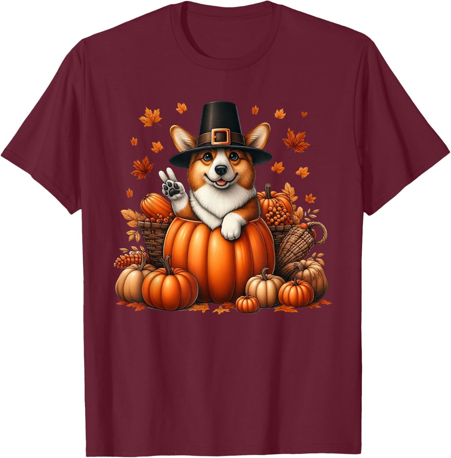 Autumn Pumpkin Fall Corgi Thanksgiving Kids T-Shirt - T-Shirt | Maroon