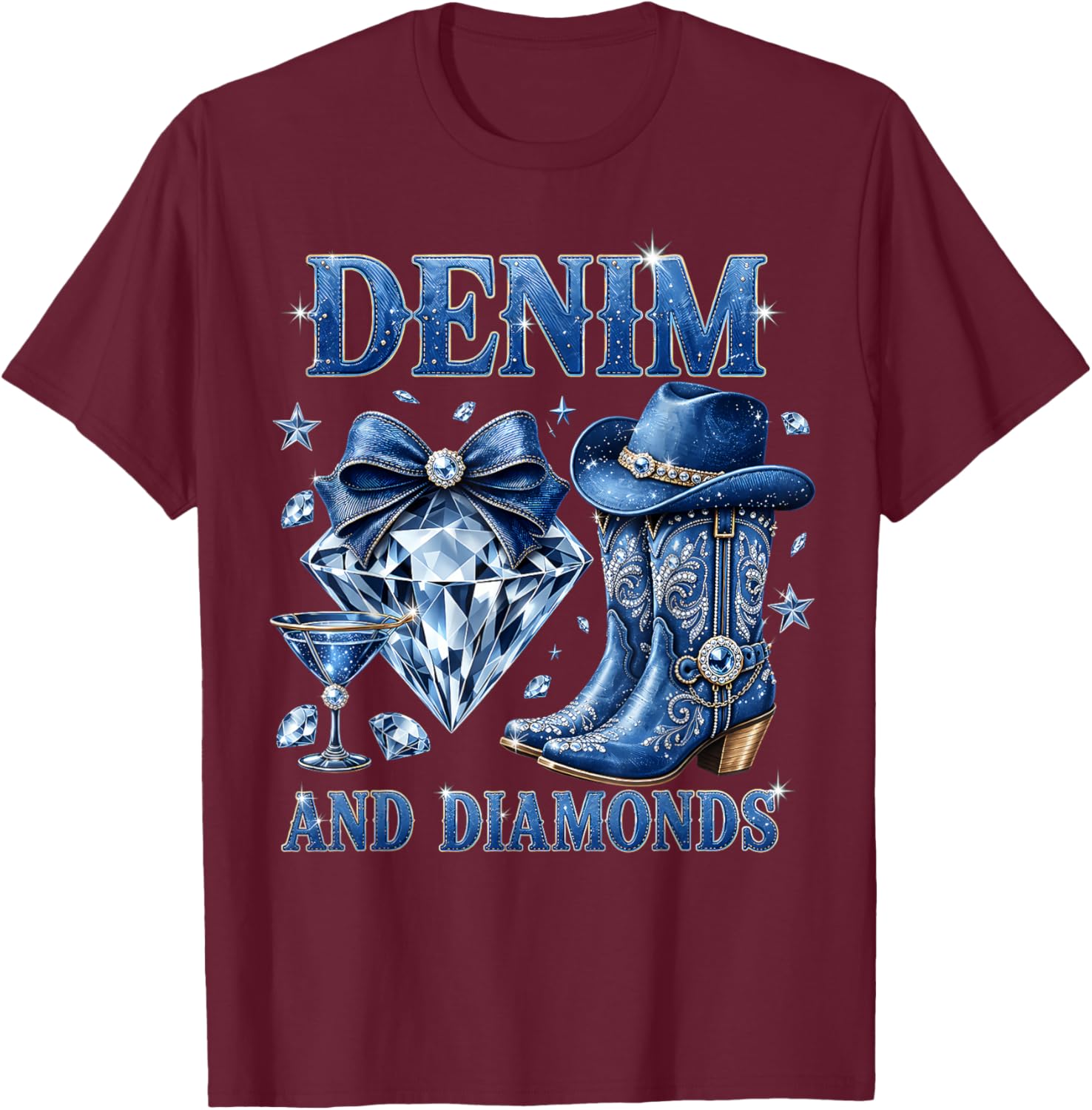 Denim and Diamonds Bow Western Cowgirl Ladies Girls Women T-Shirt - T-Shirt | Maroon