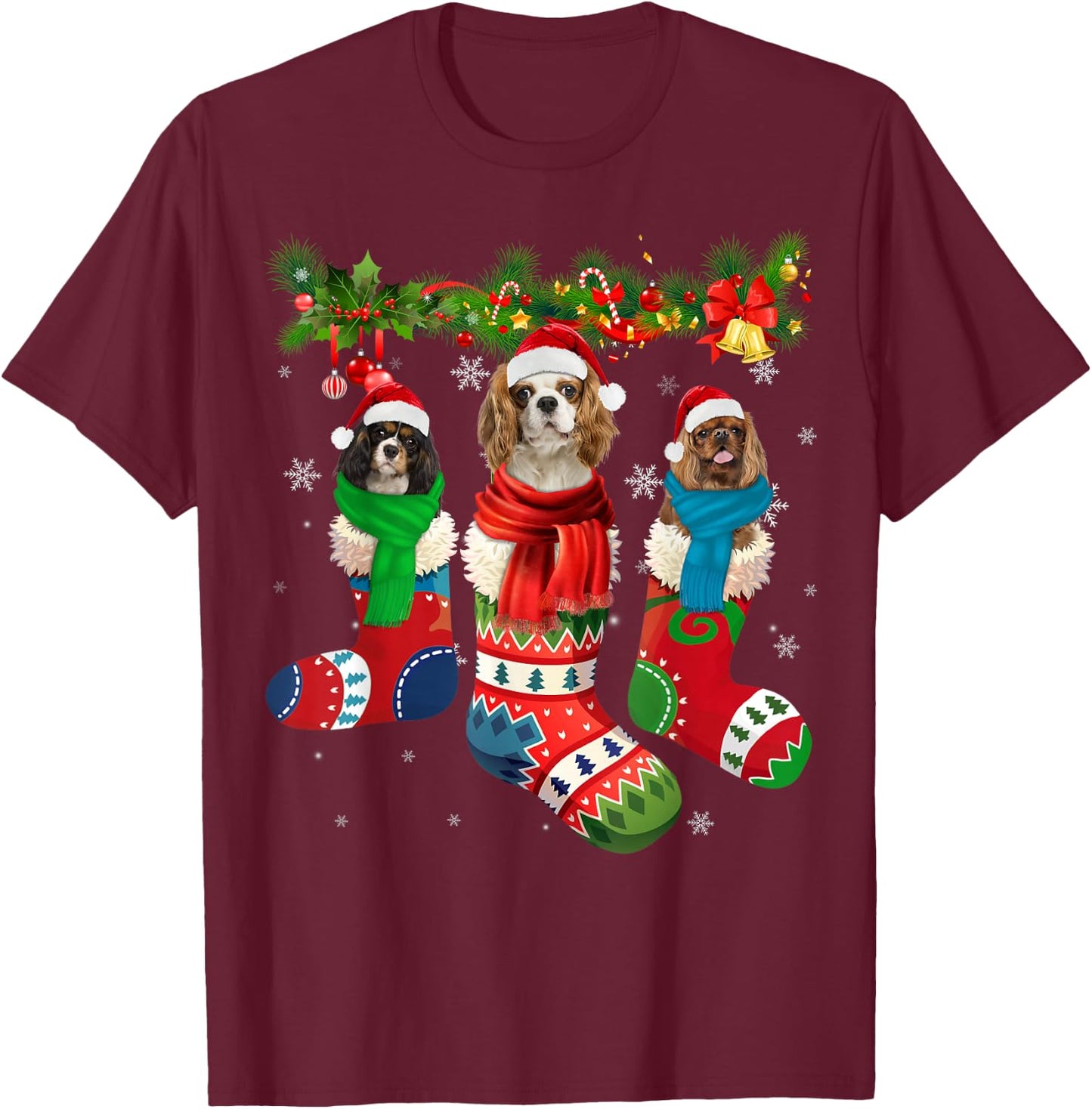Three Cavalier King Charles Spaniel In Christmas Sock T-Shirt - T-Shirt | Maroon
