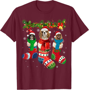 Three Cavalier King Charles Spaniel In Christmas Sock T-Shirt - T-Shirt | Maroon