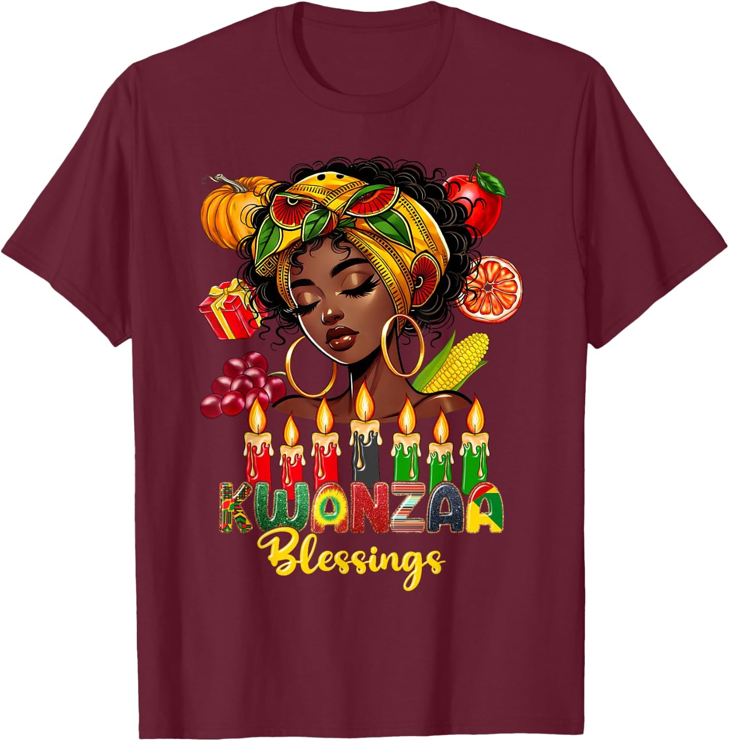 Kwanzaa Blessings Afro American Celebration Black Woman T-Shirt - T-Shirt | Maroon