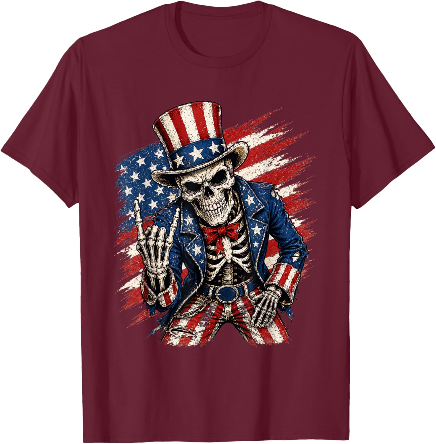 Patriotic Skeleton 4th of July Rock Hand USA American Flag T-Shirt - T-Shirt | Maroon