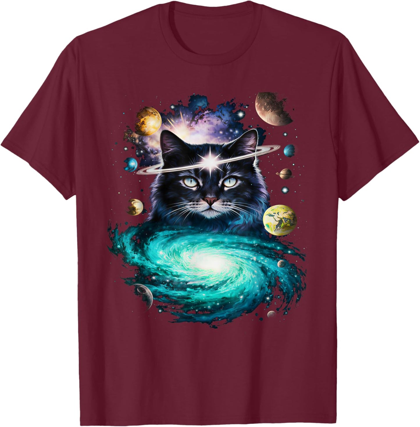 Funny Space Cat Lover Galaxy Cat Dad Mom Teens Kids Women T-Shirt - T-Shirt | Maroon
