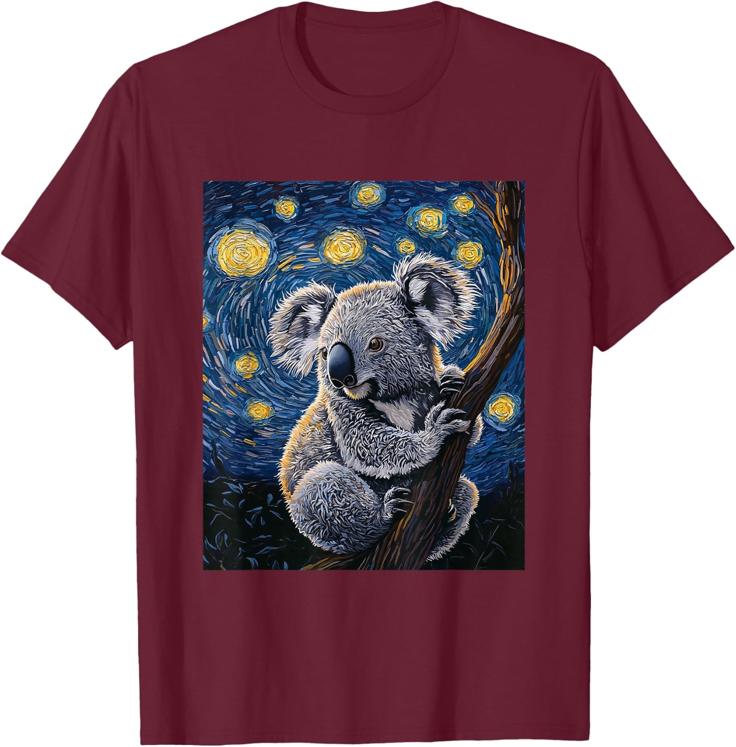 Cute Koala Bear - Van Gogh Style - Starry Night Graphic T-Shirt - T-Shirt | Maroon