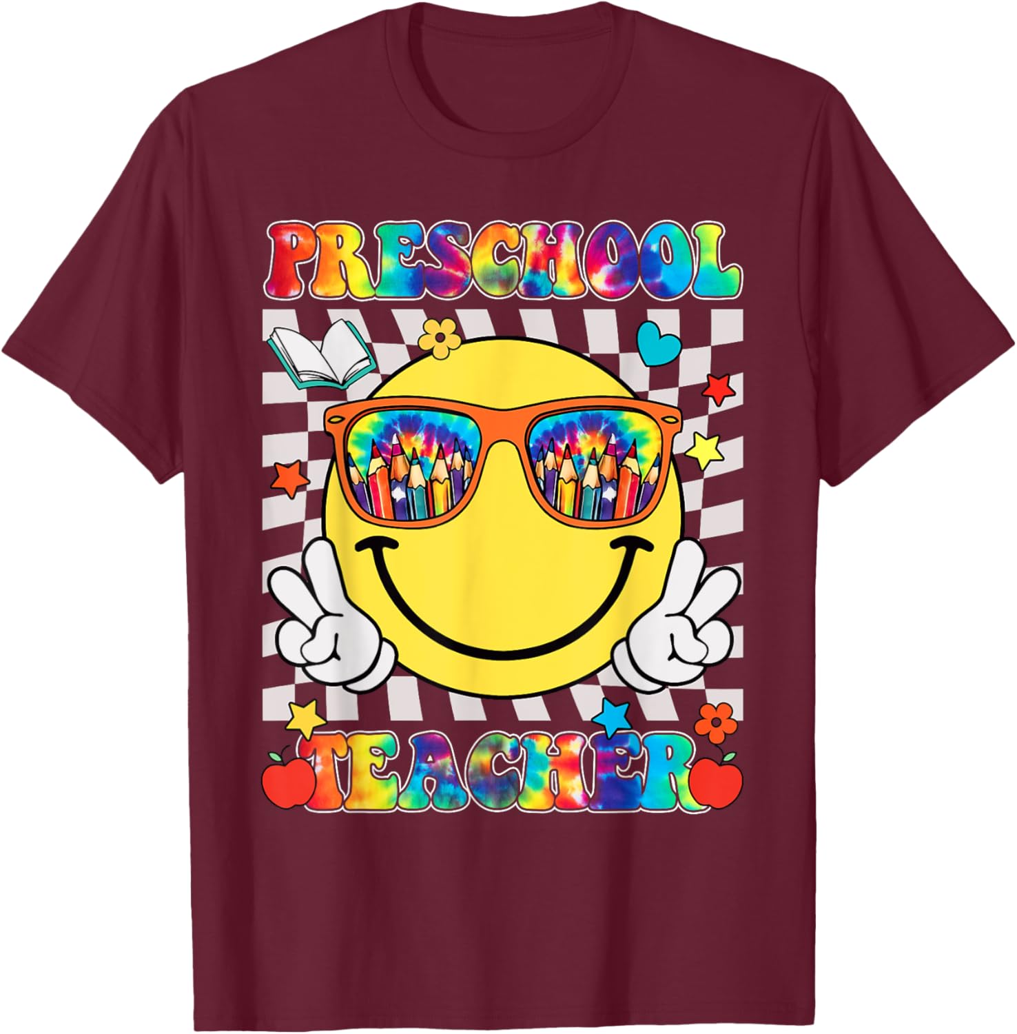 Preschool Teacher Smile Face Tie Dye Back To School T-Shirt - T-Shirt | Maroon