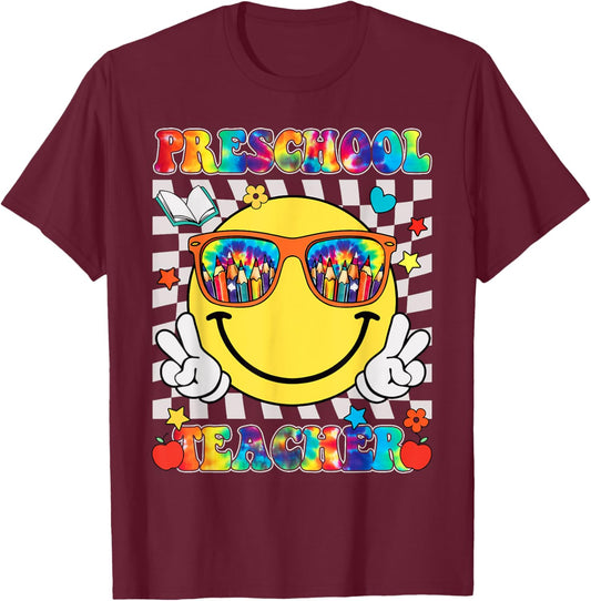 Preschool Teacher Smile Face Tie Dye Back To School T-Shirt - T-Shirt | Maroon