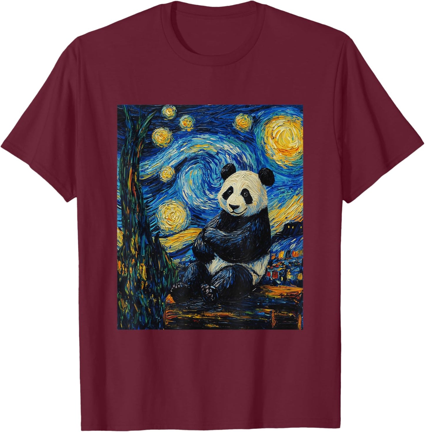 Cute Panda Bear Van Gogh Style Starry Night Graphic T-Shirt - T-Shirt | Maroon