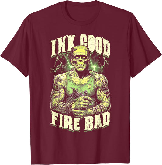 Frankenstein Tattoo Ink Good Fire Bad Halloween Monster T-Shirt - T-Shirt | Maroon