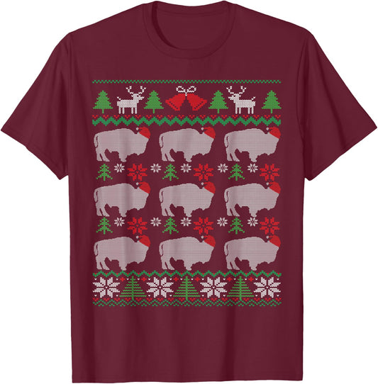 Ugly Christmas Bison & American Buffalo T-Shirt - T-Shirt | Maroon