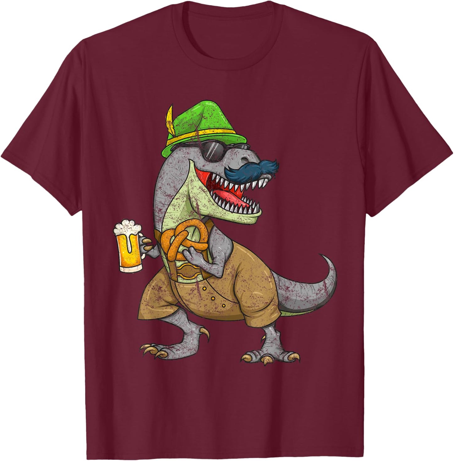 Oktoberfest T Rex Dinosaur Beer Mug Pretzel Funny Gift T-Shirt - T-Shirt | Maroon