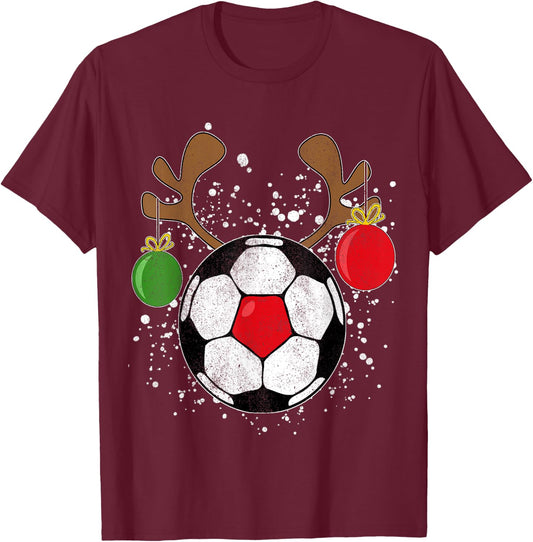Funny Reindeer Soccer Christmas Rednose Pajama Shirt T-Shirt - T-Shirt | Maroon