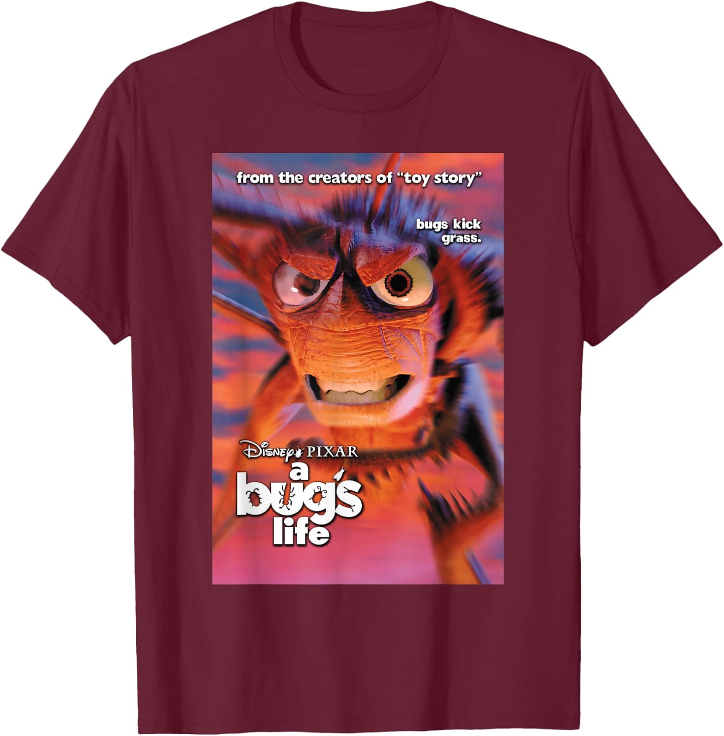 Disney Pixar A Bug's Life Hopper Bugs Kick Grass Poster T-Shirt - T-Shirt | Maroon