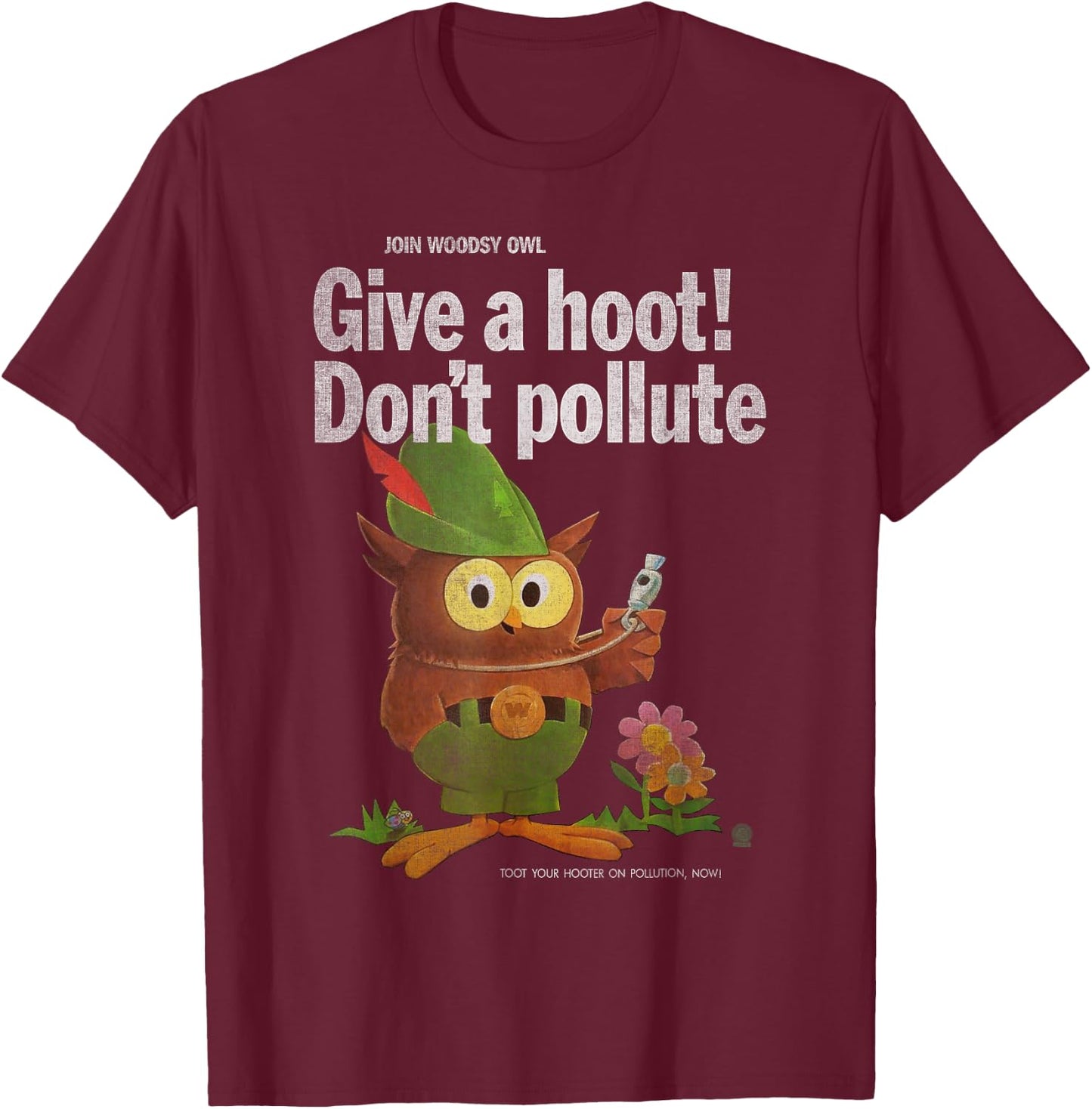 Vintage Shirts by Sven & Angus Woodsy Owl Give a Hoot 70s Distressed and Faded Black Adult Men's Classic Fit Short Sleeve T-Shirt - T-Shirt | Maroon