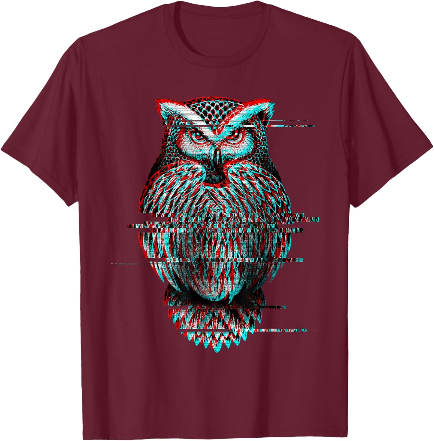 Glitched Owl Cool Glitch Effect Graphic Bird Lover Image T-Shirt - T-Shirt | Maroon