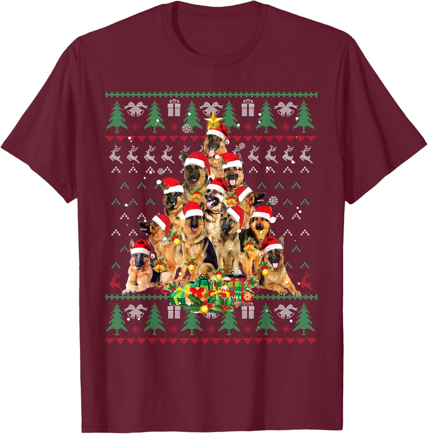 German Shepherd Christmas Tree Ugly Sweater Dog Xmas T-Shirt - T-Shirt | Maroon