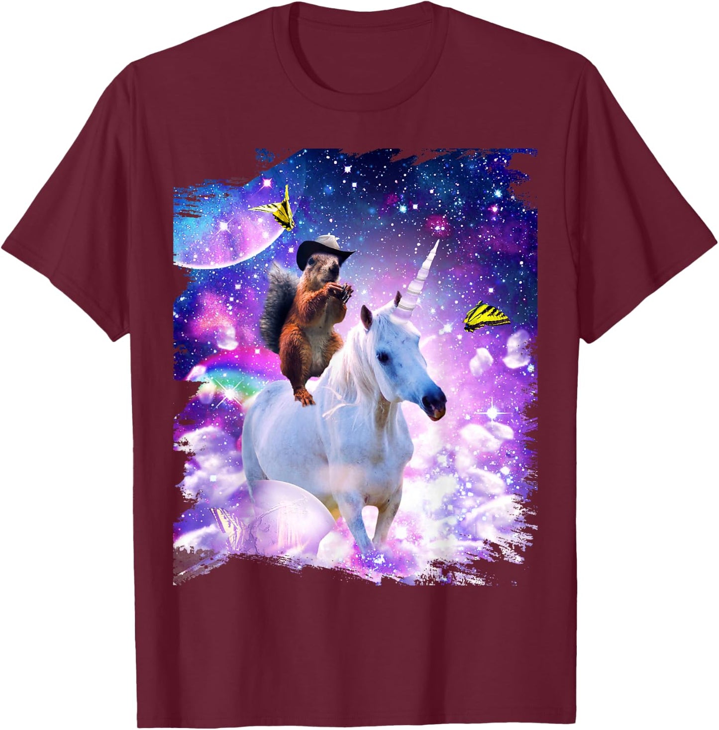 Random Galaxy Cowboy Squirrel Riding Unicorn T-Shirt - T-Shirt | Maroon