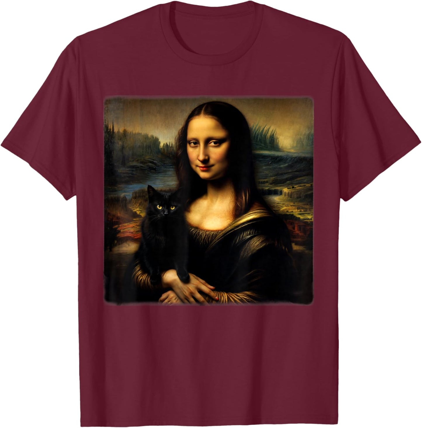 Mona Lisa Holding Black cat Black cat Mom Black cat Dad Cute T-Shirt - T-Shirt | Maroon