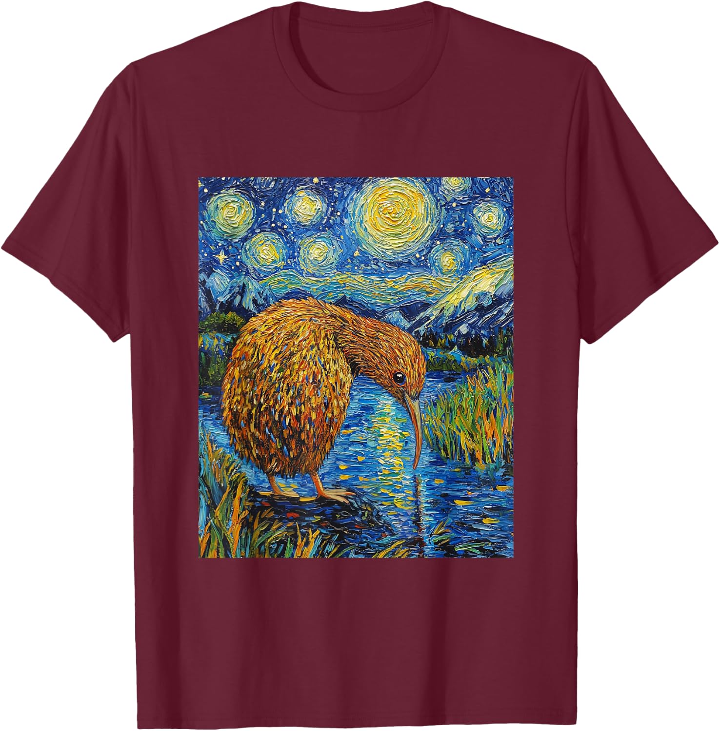 Funny Kiwi Bird - Van Gogh Style - Starry Night Graphic T-Shirt - T-Shirt | Maroon