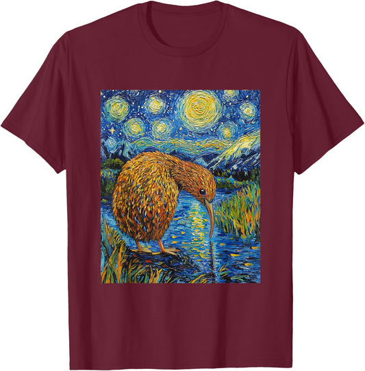 Funny Kiwi Bird - Van Gogh Style - Starry Night Graphic T-Shirt - T-Shirt | Maroon